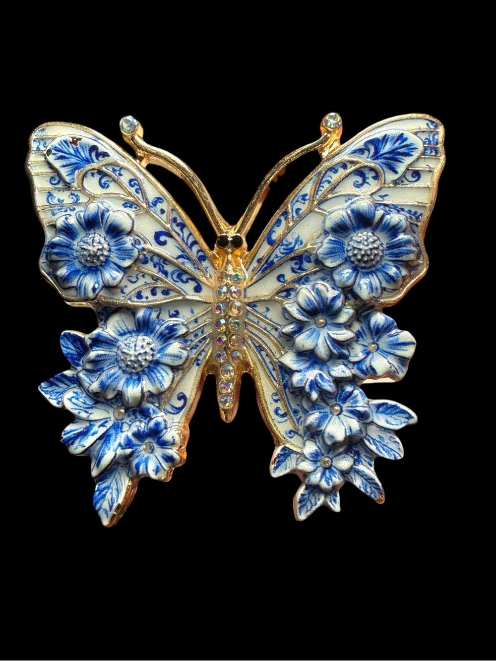 Blue and Gold Floral Butterfly Brooch